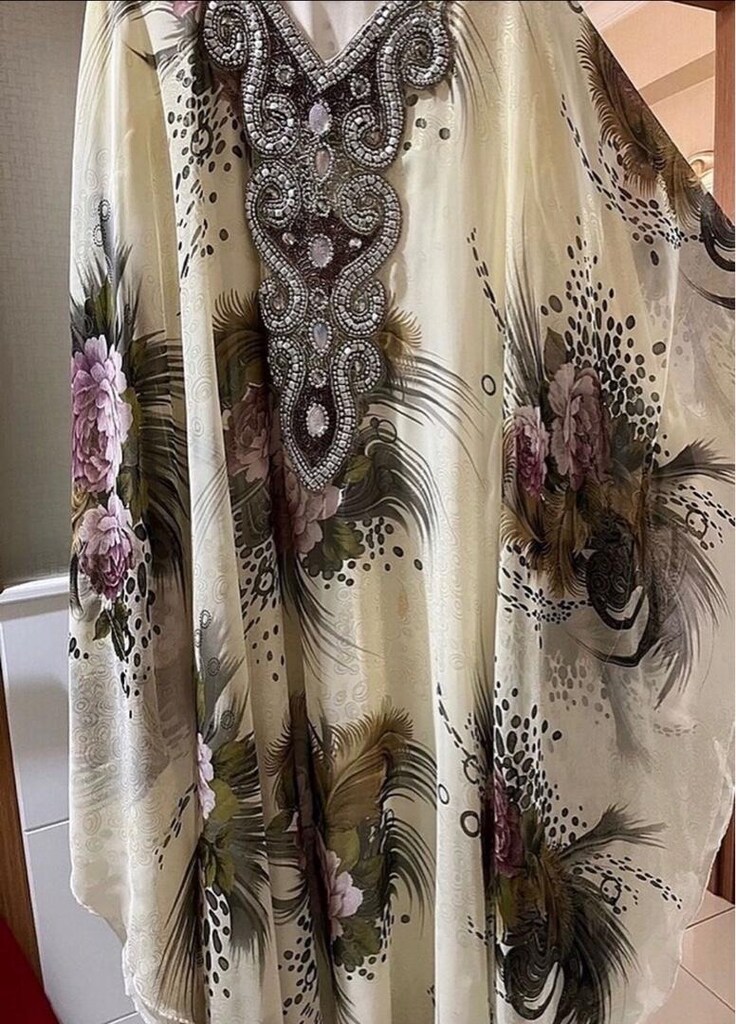 Ekru Taşlı Çiçekli Şifon Yarasa Kol Kaftan Abiye - 4