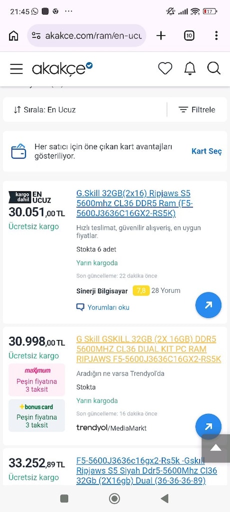 32 GB gskill 16x2 dual ddr5 5600 MHz ram bellek - 7