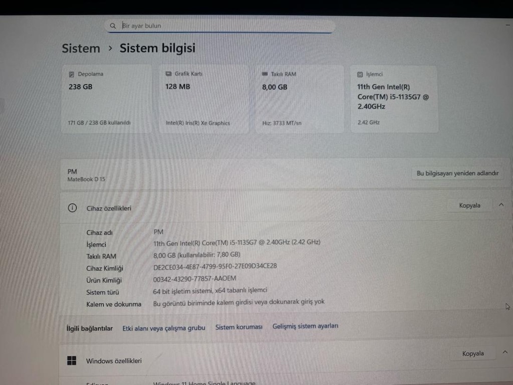 HUAWEİ MATEBOOK 15” GRİ RENK HATASIZ 8GB RAM 256 SSD - 3