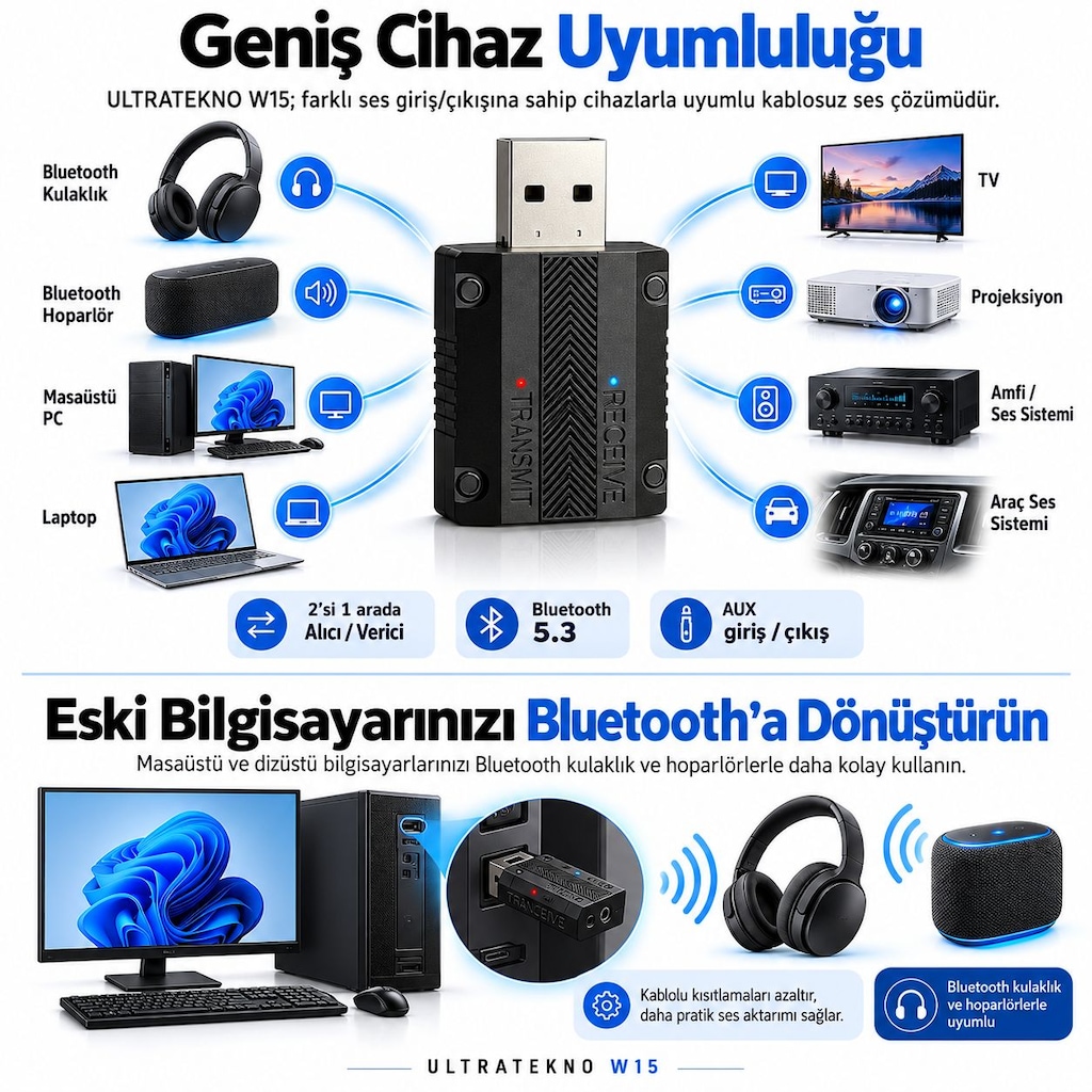 W15 Bluetooth 5.3 AUX Alıcı Verici RX TX Araç TV PC Ses Adaptörü - 2