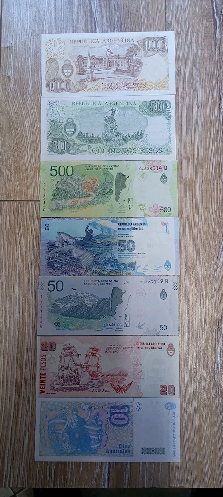 7 adet farklı Arjantin,1000'500, 500, 50 ve 20'10 pesos kağıt para set - 2