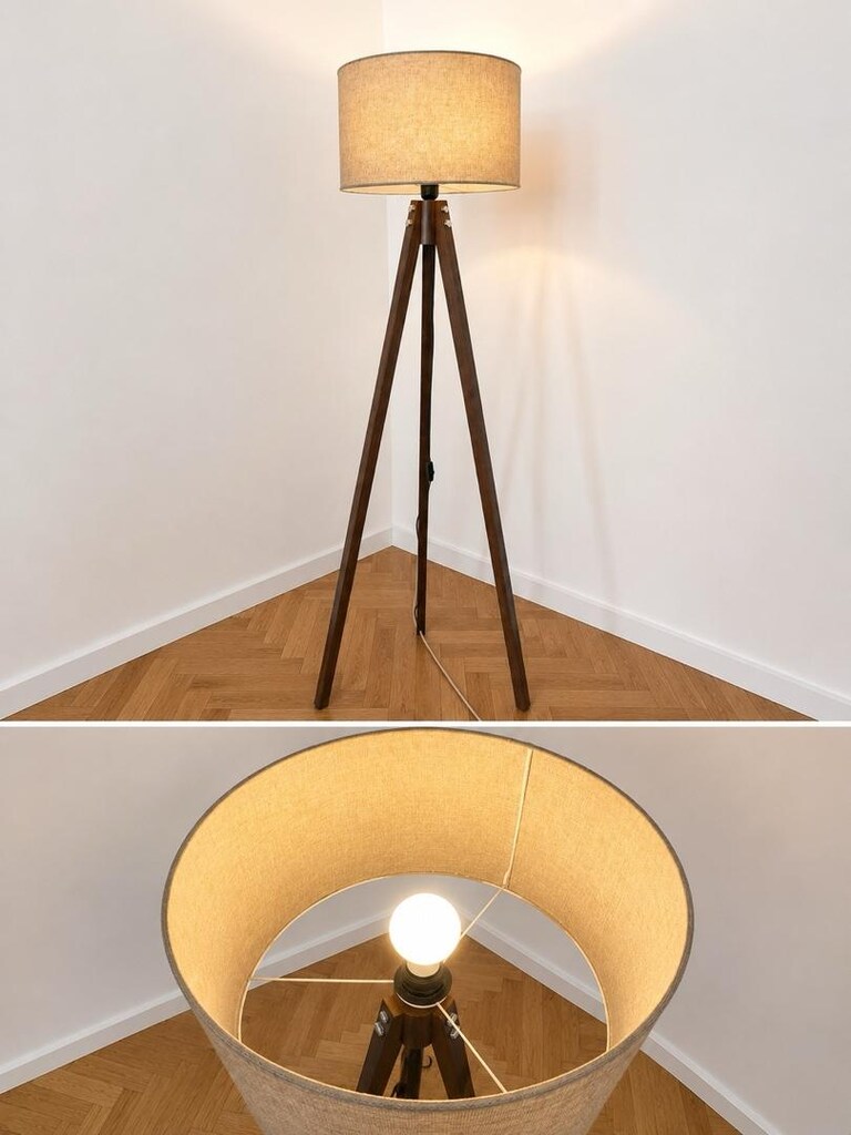 Modern Ahşap Tripod Lambader – Bej Kumaş Başlık - 2