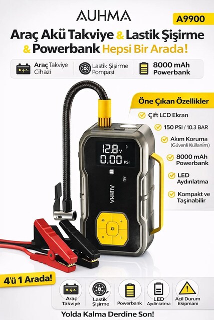 Auhma A9900 4'ü 1 Arada Akü Takviyeli Şarjlı Hava Pompası 8.000 Mah
