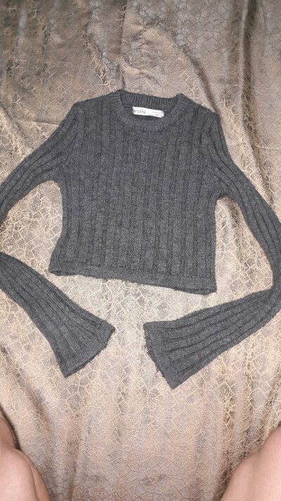 Bershka Antrasit Kalın Fitilli Crop Triko Kazak / Bluz (Sıfır Ayarında