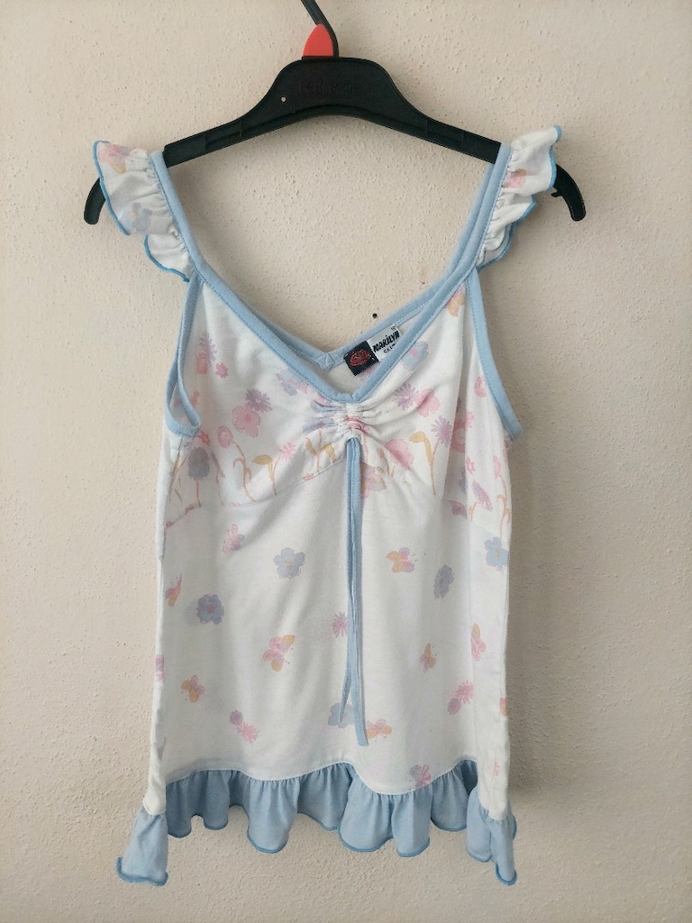 Kızçocuk çiçek desen fırfrlı askılı bluz