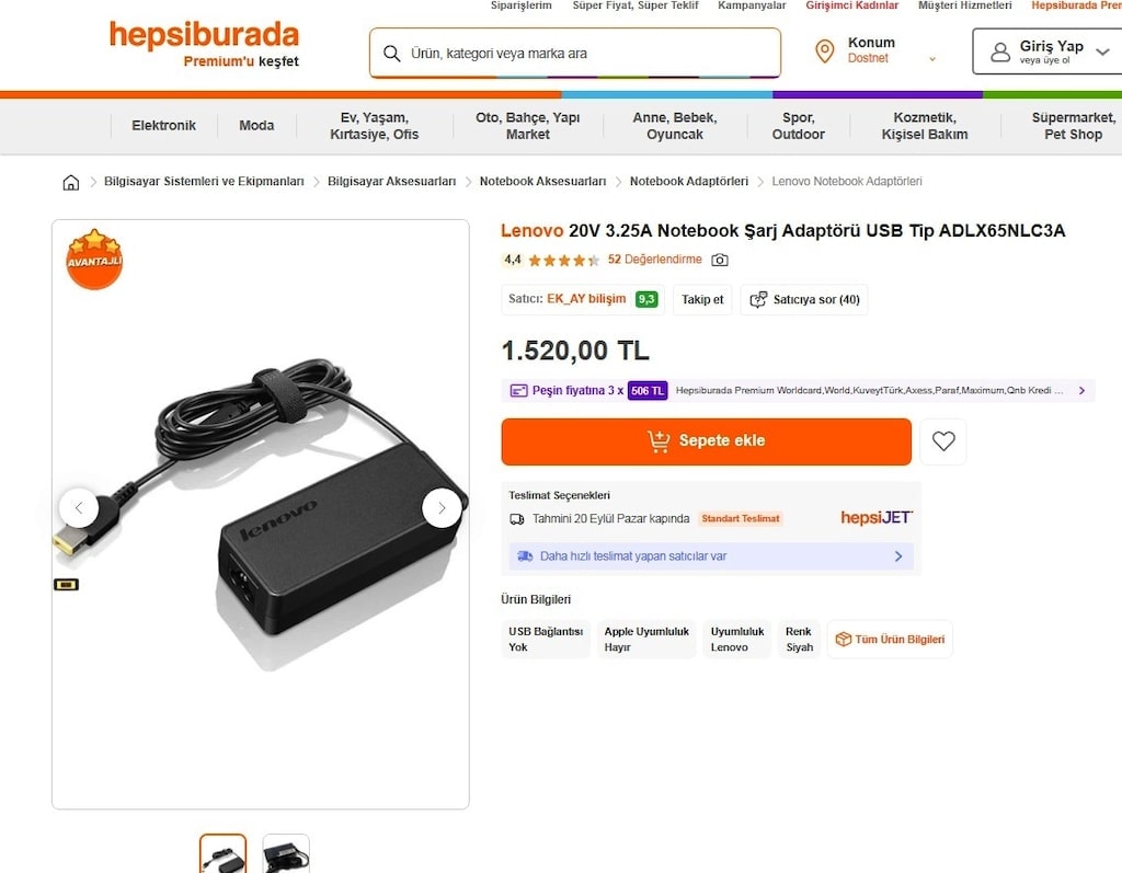 Orjinal Lenovo 20v - 3.25a Notebook Adaptör Usb Soket - 8