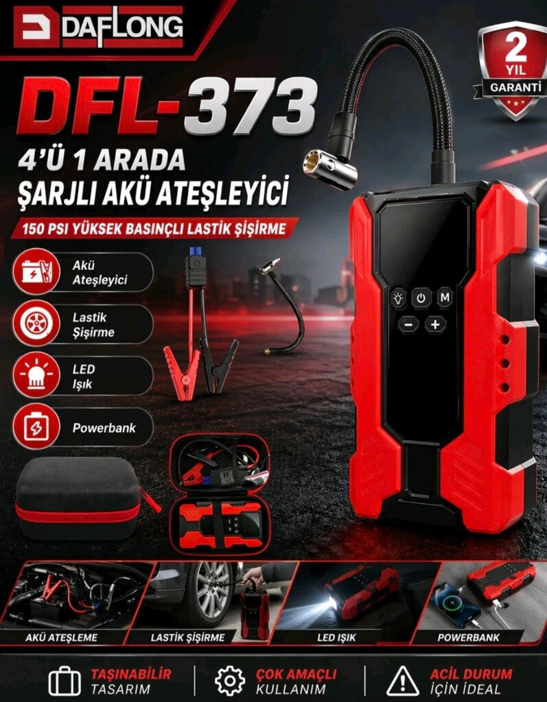 ŞARJLI AKÜ TAKVİYE, LASTİK ŞİŞİRME IŞILDAK VE USB 12000 AH 100 PSI