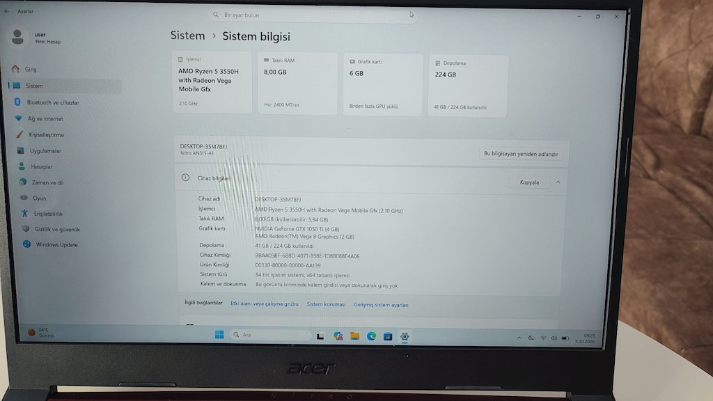 ACER OYUNCU BİLGİSAYARI.AMD RYZEN 5 3550H-8GB RAM-6GB EKRAN KARTI 256 - 6