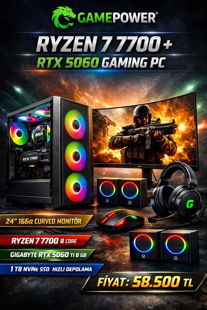 OEM GAME PAKET RYZEN 7 7700 RTX 5060 GAMİNG PC 1 TB SSD 165 HZ MONİTÖR
