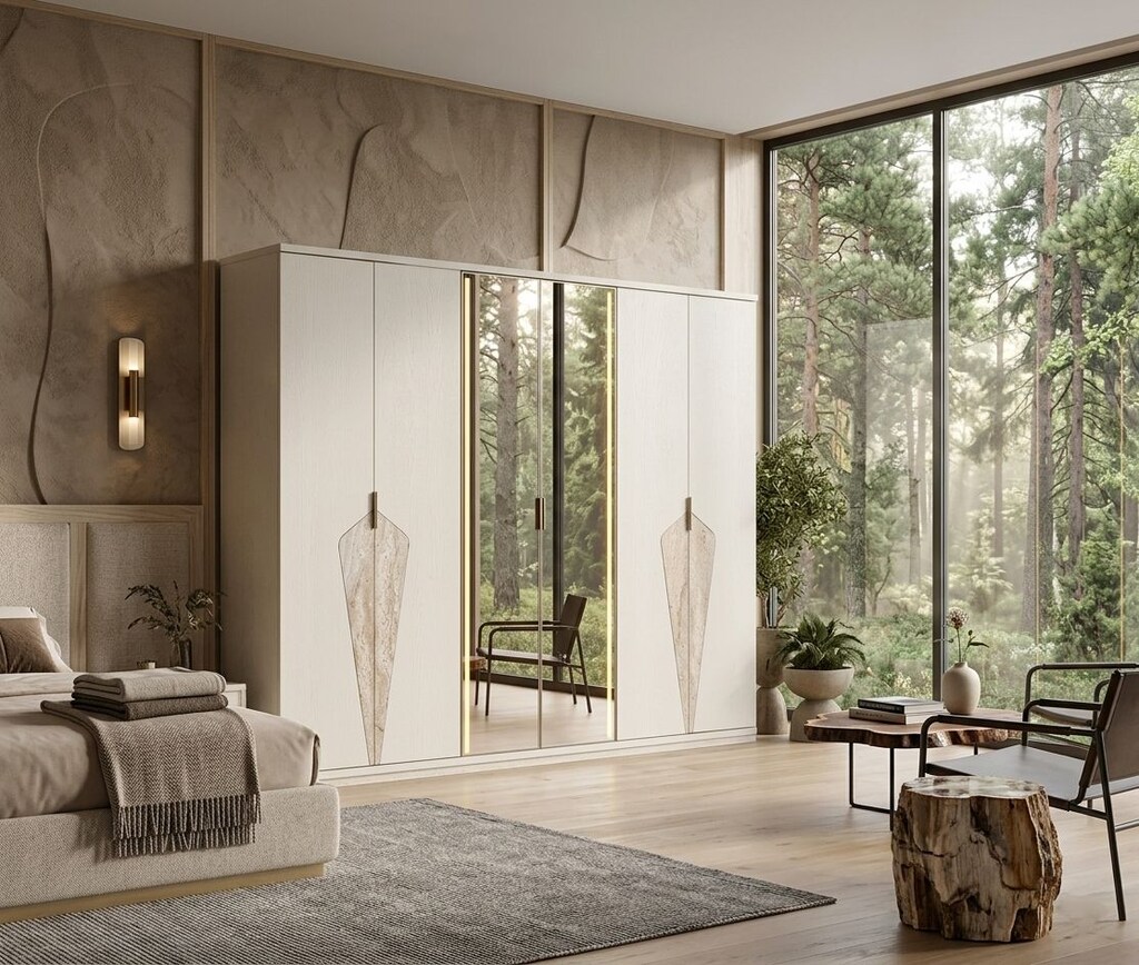 Sıfır,%100 MDF, LED Aydınlatmalı 6 Kapılı Gardırop- kum beji,Traverten - 2