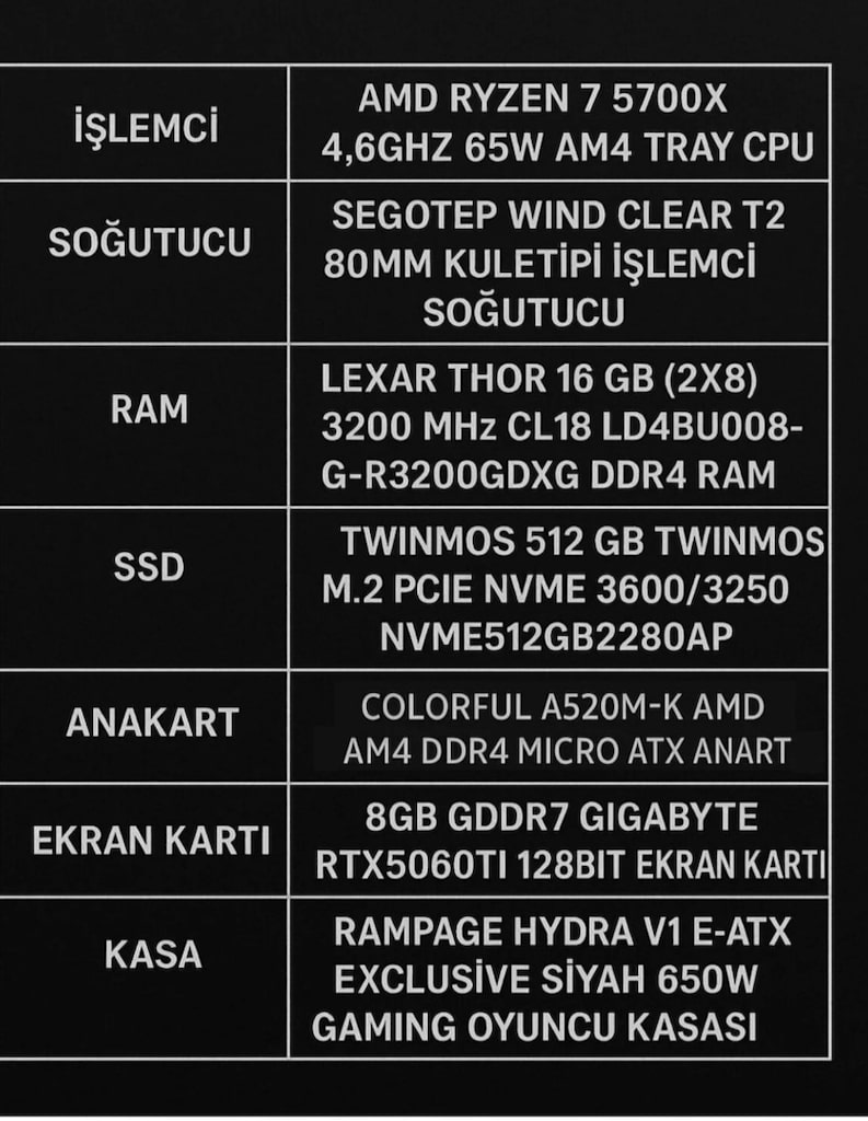 CANAVAR GİBİ BİLGİSAYAR OYUN BİLGİSAYARI "Ryzen75700X RTX5060 Ti 16 GB - 4