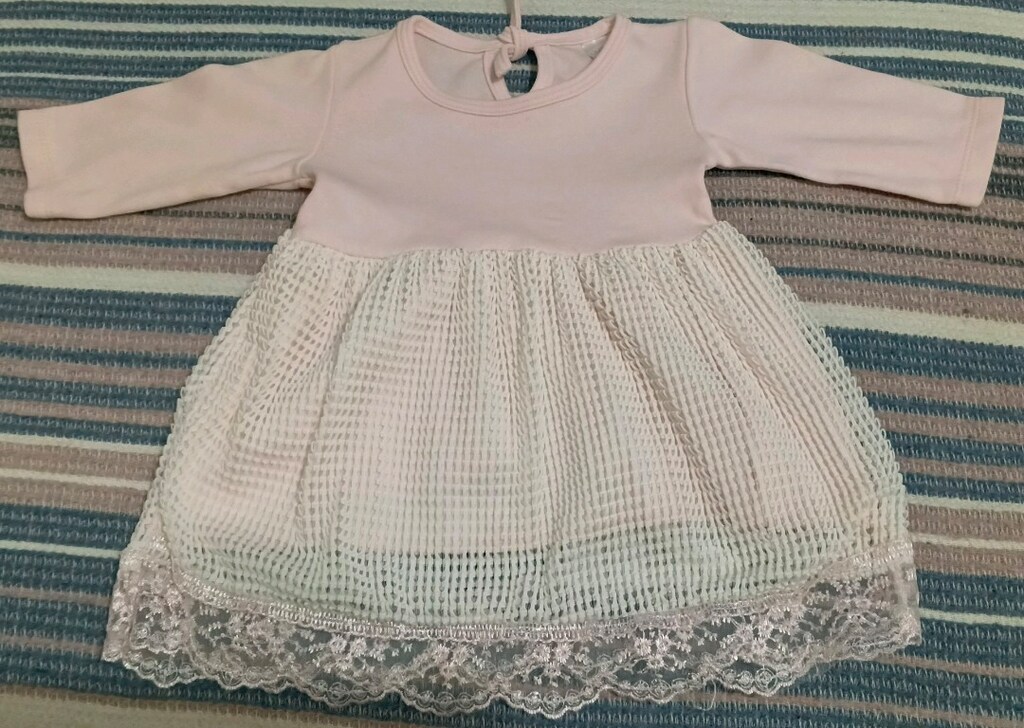Pembe Beyaz Tüllü Güpürlü Bebek Elbise - 2