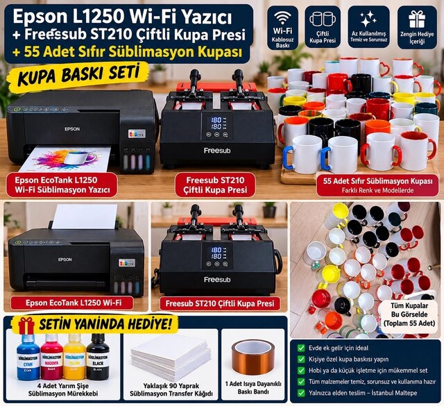 Kupa Baskı İş Kurma Seti – Epson L1250 + Freesub ST210 + 55 Sıfır Kupa