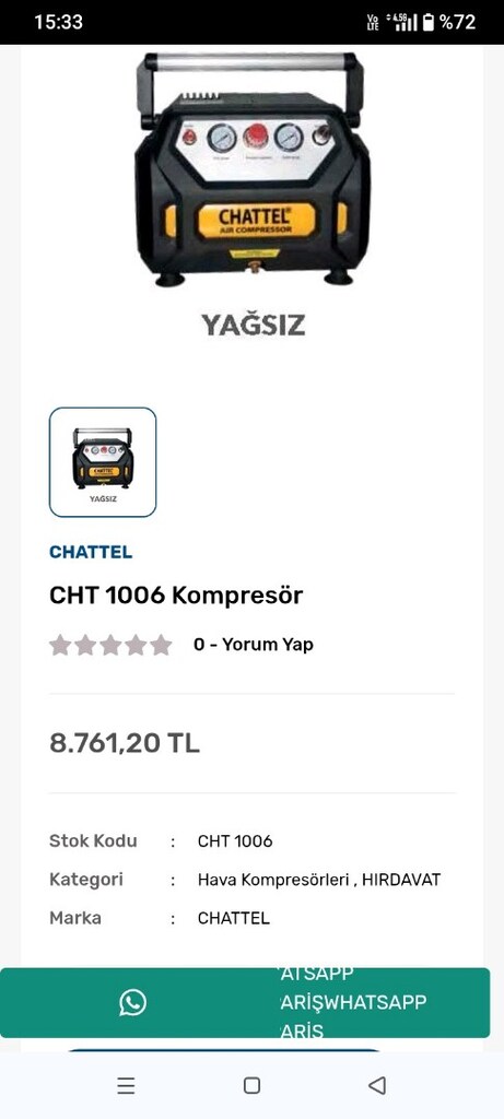 CHATTEL YAĞSIZ ÇANTA ŞEKLİNDE KOMPRESÖR 8 BAR 6 LİTRELİK - 8