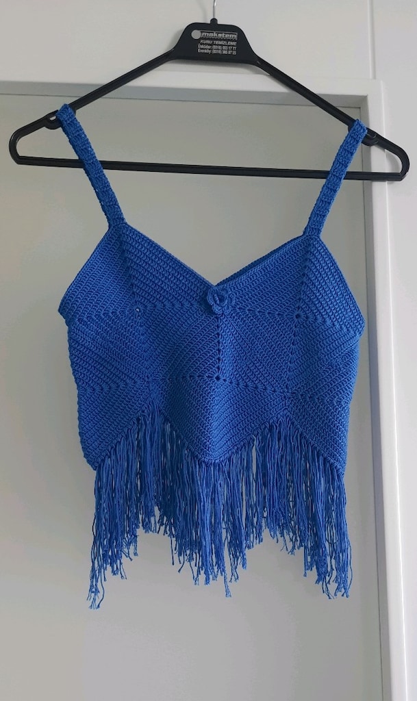 Bohem Mavi Örgü Crop Top