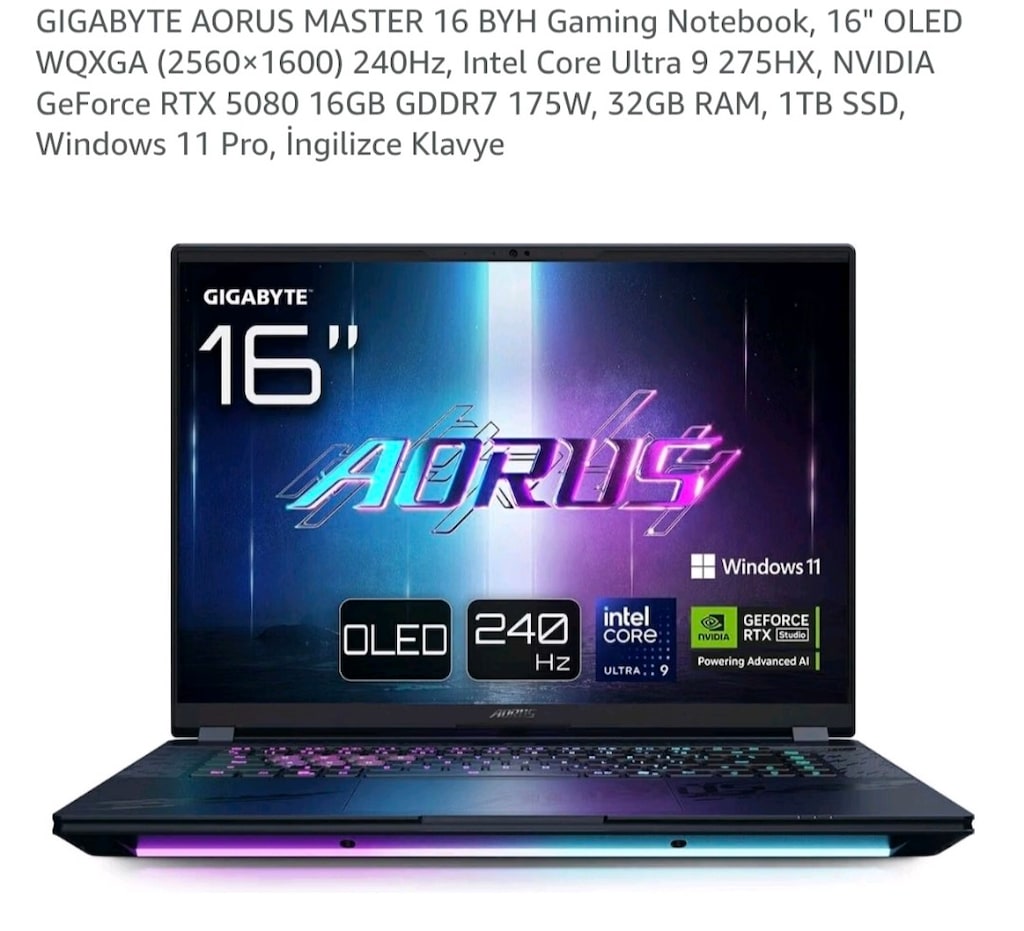 GİGABYTE AORUS MASTER 16BYH İNTEL C.ULTRA 9 275HX-RTX 5080-OLED