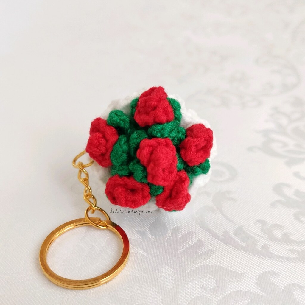 Örgü Çiçek Buketi Anahtarlık Amigurumi Solmayan Çiçek Çanta Süsü - 5