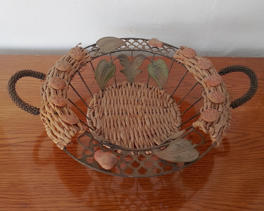 Vintage Metal Hasır Dekoratif Meyvelik Sunum Tepsisi Duvar Dekorasyonu - 3