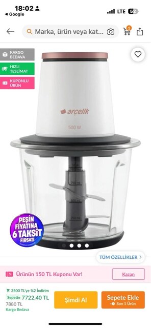 Arçelik 500 watt resital doğrayıcı