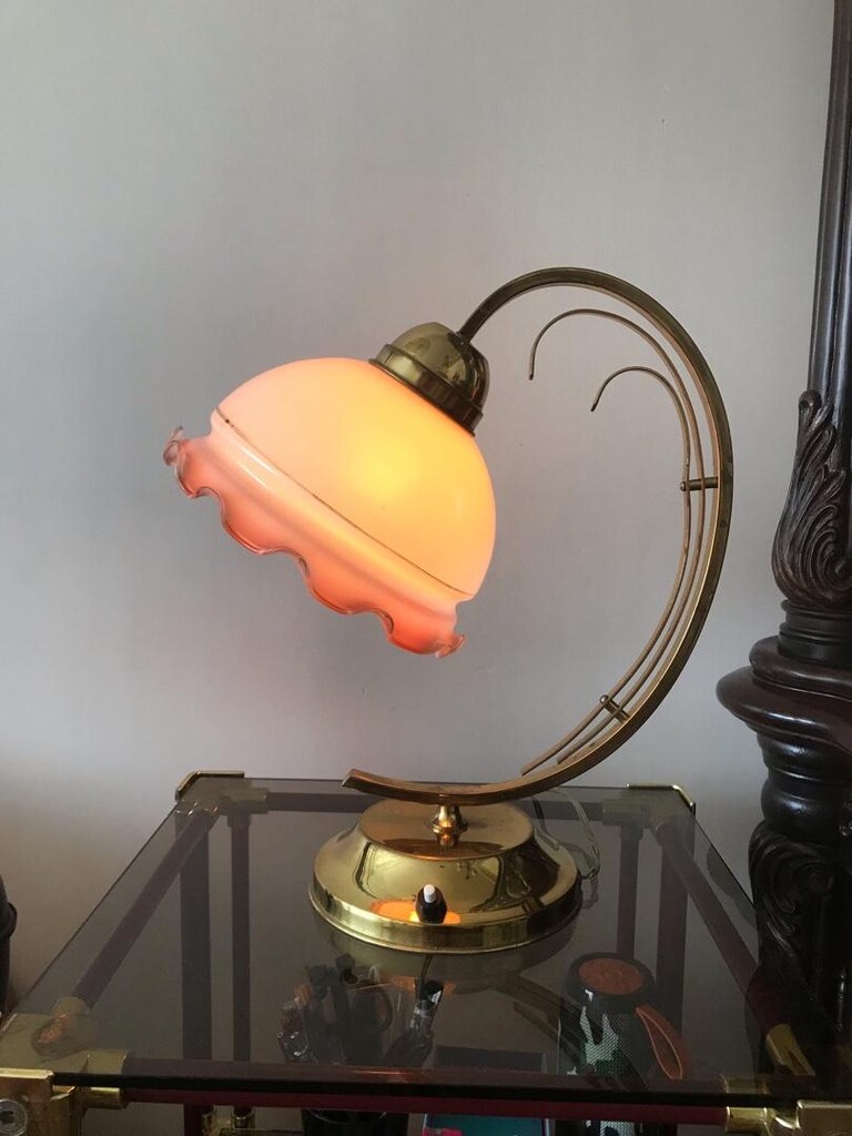 Vintage opalin camlı pirinç abajur masa lambası - 3