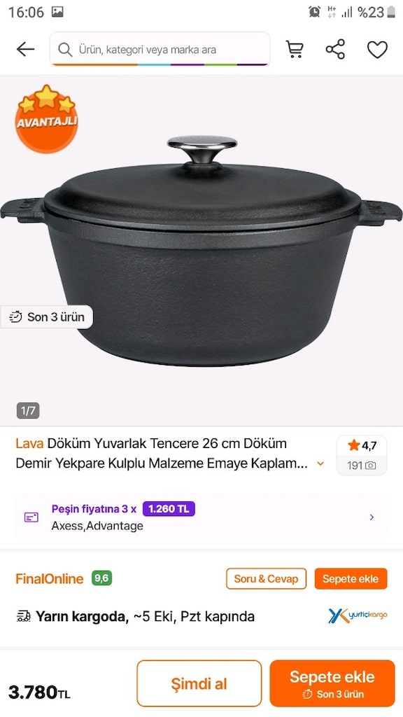 Lava Döküm Demir Tencere Seti 26 cm Kapaklı & Saplı - 2