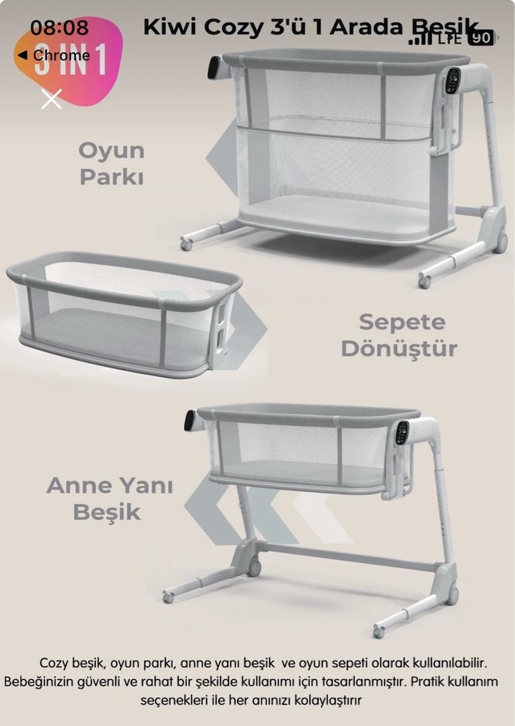 Kiwi Cozy Premium 3in1 Ağlamaya Duyarlı Anne Yanı Beşik, Park Yatak - 2