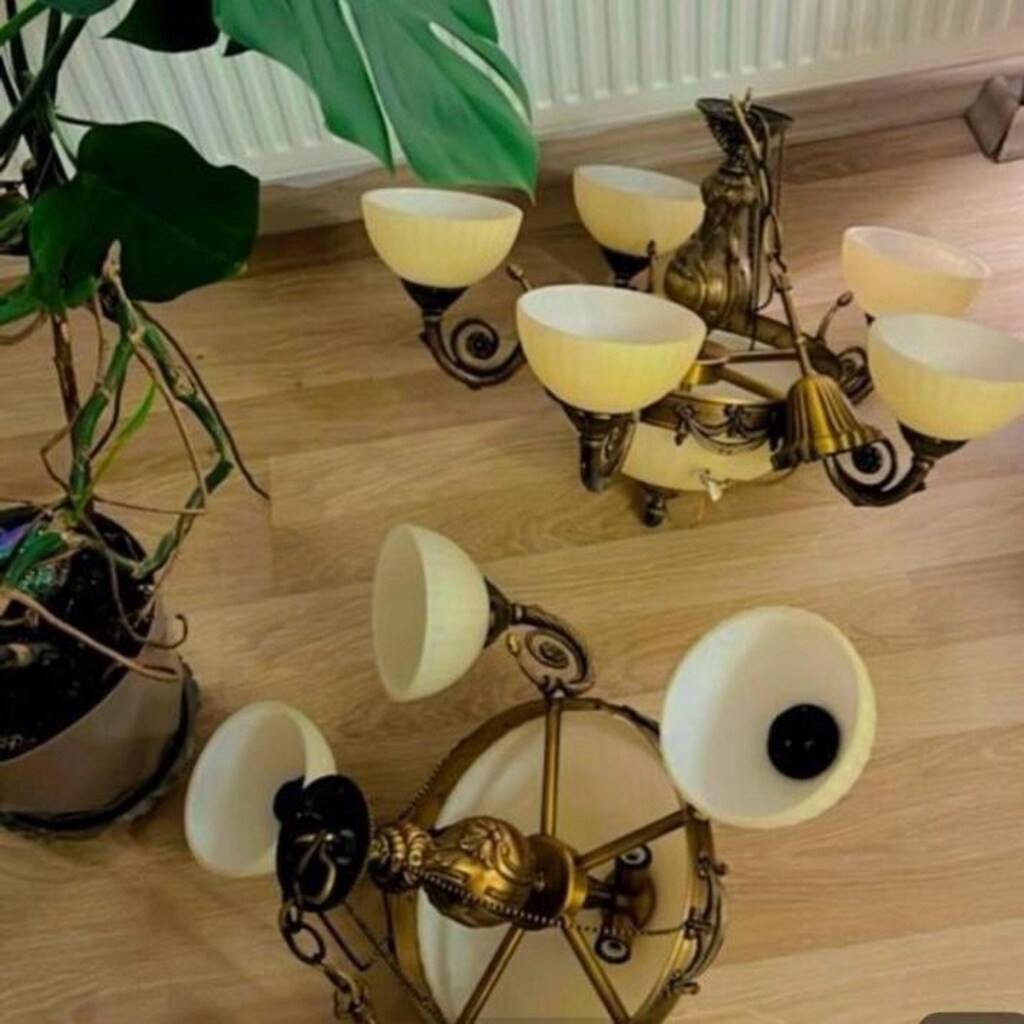 Vintage Ağır Pirinç Döküm Salon Avizeleri(2Adet Çanak+ 1Adet Kristal - 2