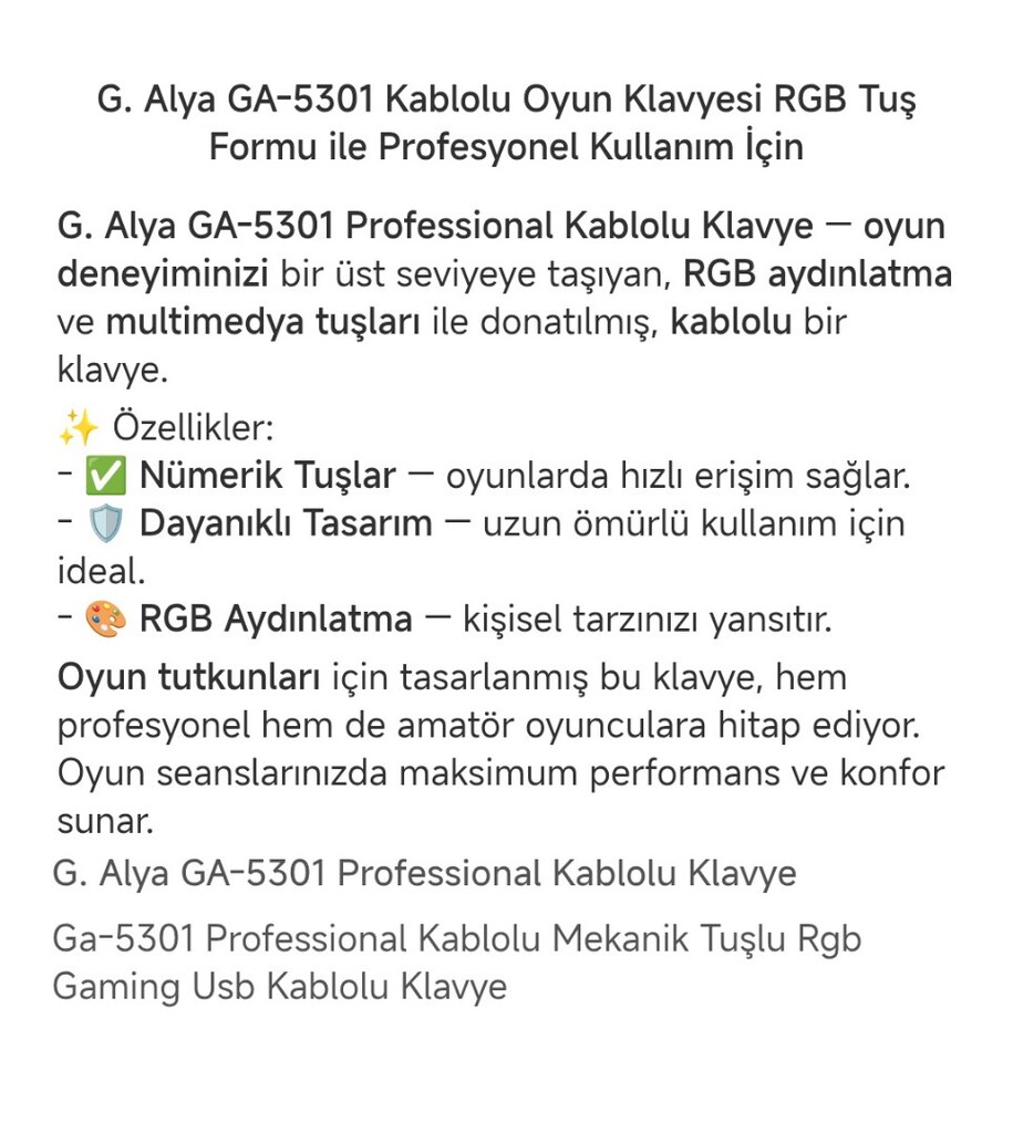 G. Alya GA-5301 Kablolu Oyun Klavyesi RGB Tuş sıfır kutusunda - 4
