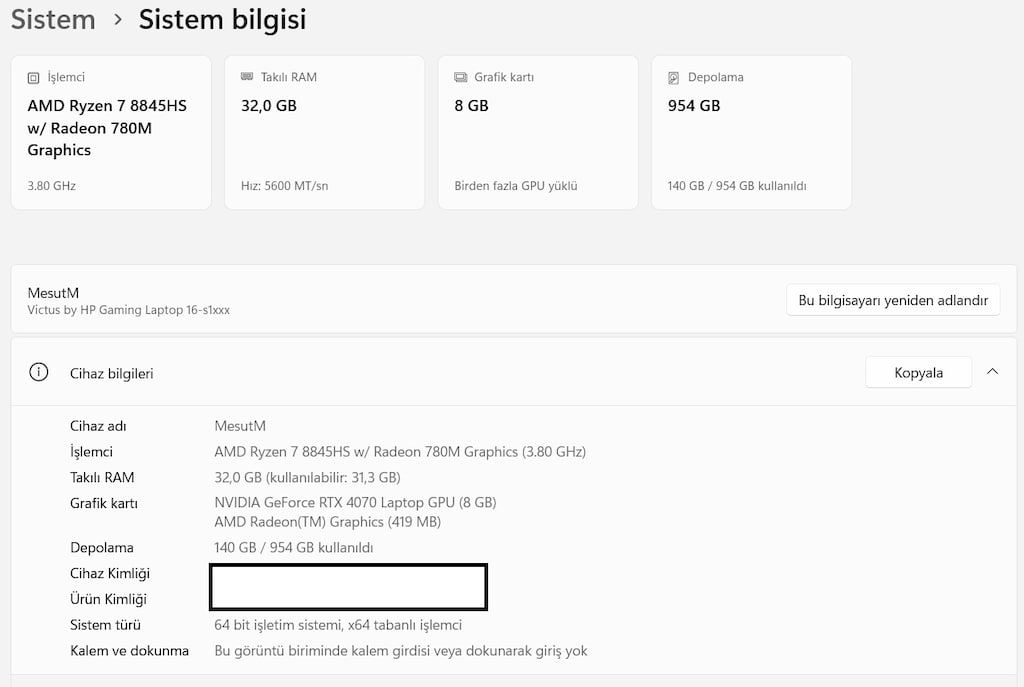 Kutulu Temiz HP Victus 16 / RTX 4070 / R7 8845HS / 32GB RAM / 1TB SSD - 7