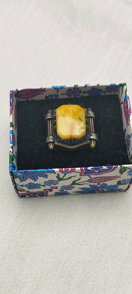 925 Ayar Gümüş Kaya Damla Kehribar Taşlı İşlemeli Erkek Yüzük 13.5 gr. - 6