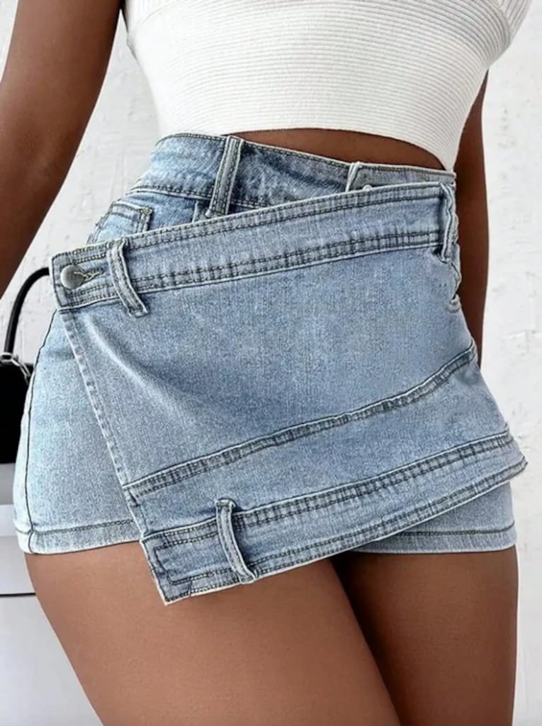 B057 Kadın Yazlık Esnek Asimetrik Dar Kesim Kot Mini Etek Şort