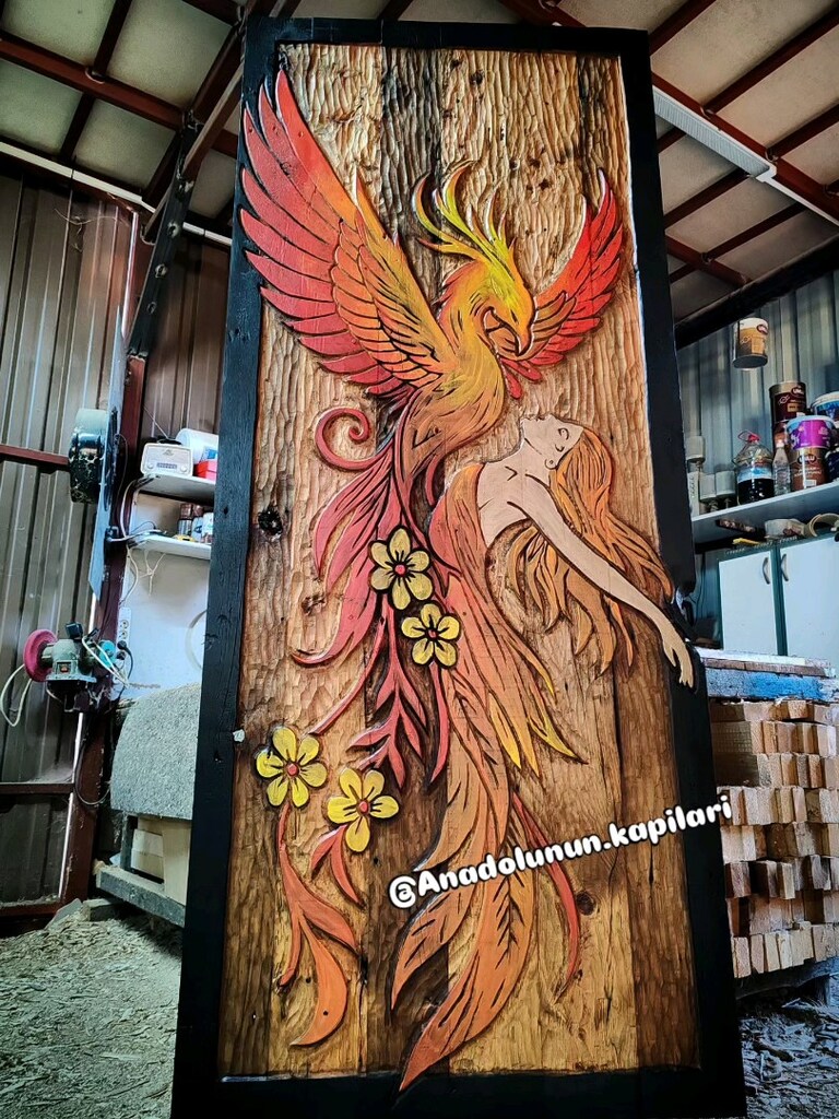 Tamamı el oyması ile işlenmiş eski kapı anka kuşu tasvirli 207/87 cm. - 9