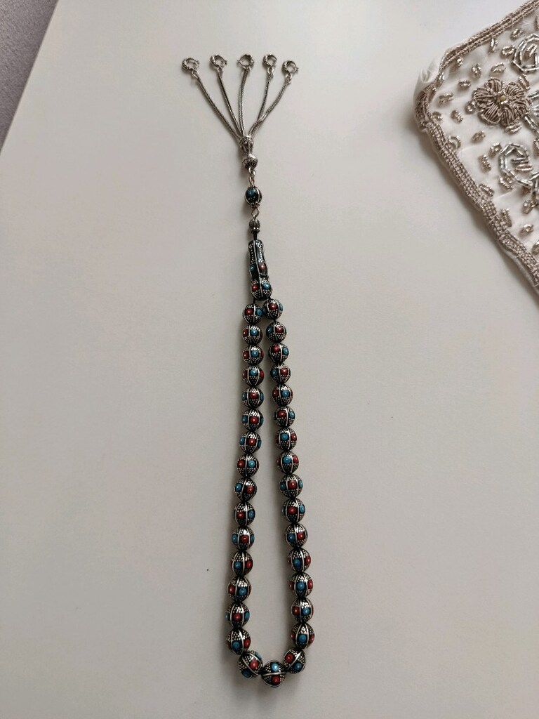 bordo-mavi gümüş işlemeli erzurum Oltu taşlı tesbih - 6
