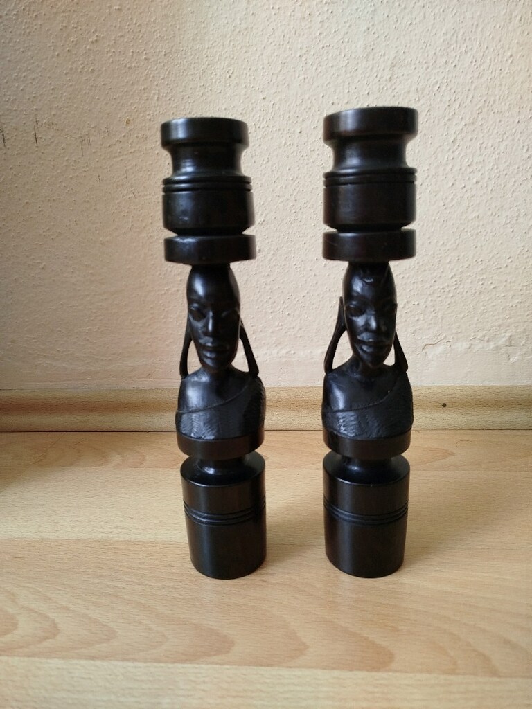 Antika El yapımı Ahşap Mumluk boy 25 cm Afrika'dan alındı iki adet - 5