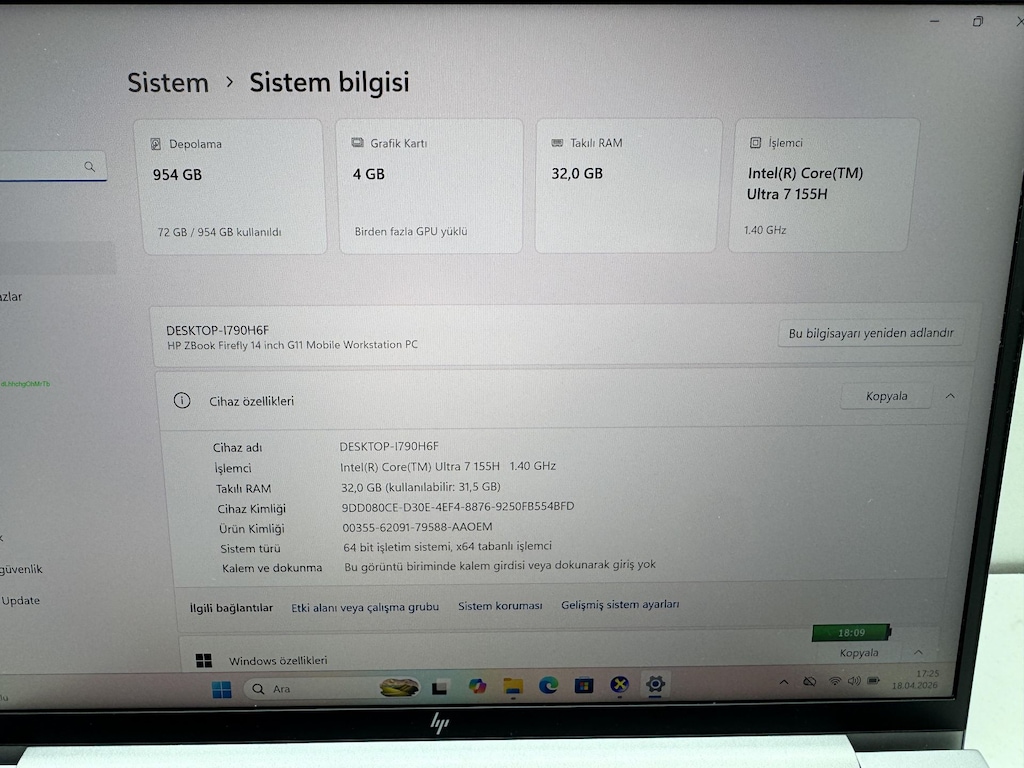 HP ZBOOK ULTRA 7 İŞLEMCİ 32 GB RAM 1 TB M2SSD RTX A500 - 5