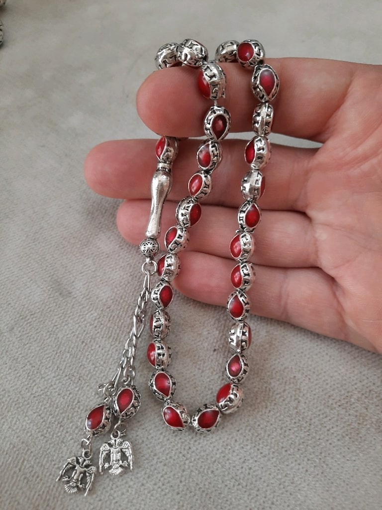 kırmızı mineli kafesli gümüş kaplama tesbih - 2