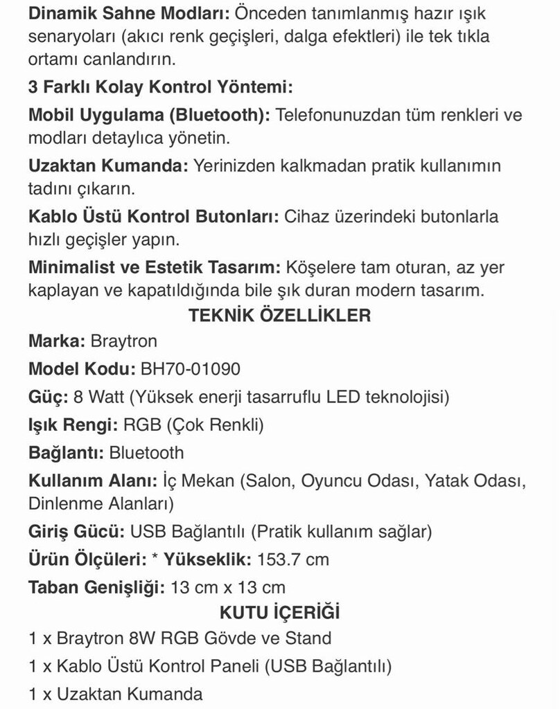 Braytron Led Floor Light 8W Köşe Lambaderi Sese Duyarlı, kumandalı - 7
