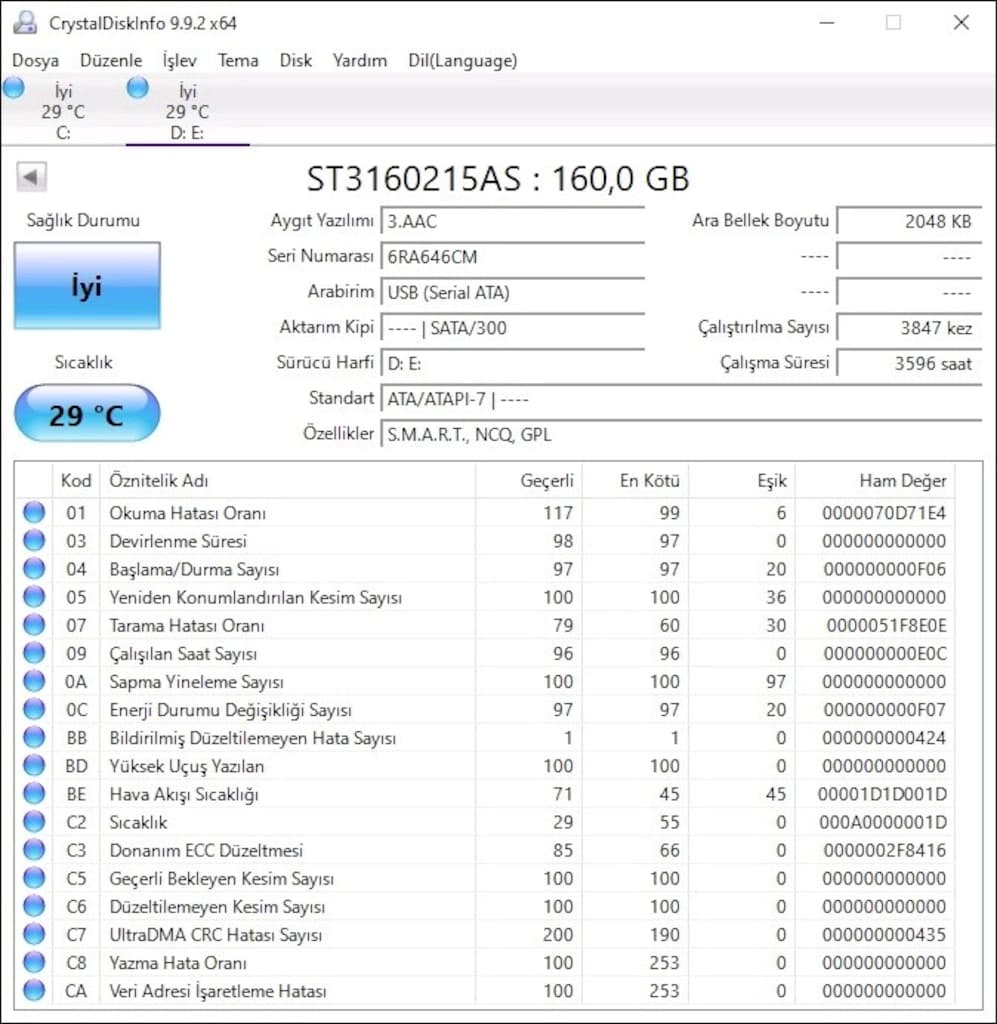 Seagate 160 GB SATA HDD – 7200 RPM – CrystalDiskInfo Sağlığı İyi – 29° - 3