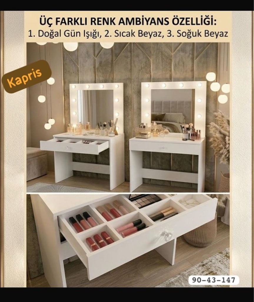 makyaj masası 3 farklı yanan ışık ambiyansı