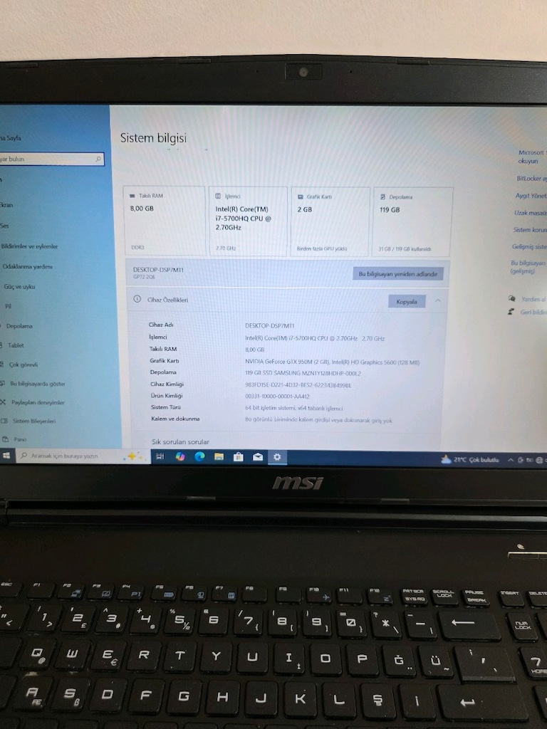 MSİ MS-1793 İ7-5700HQ 8GB RAM 128GB NVMe SSD 2GB EKRAN KARTI FULL HD - 2