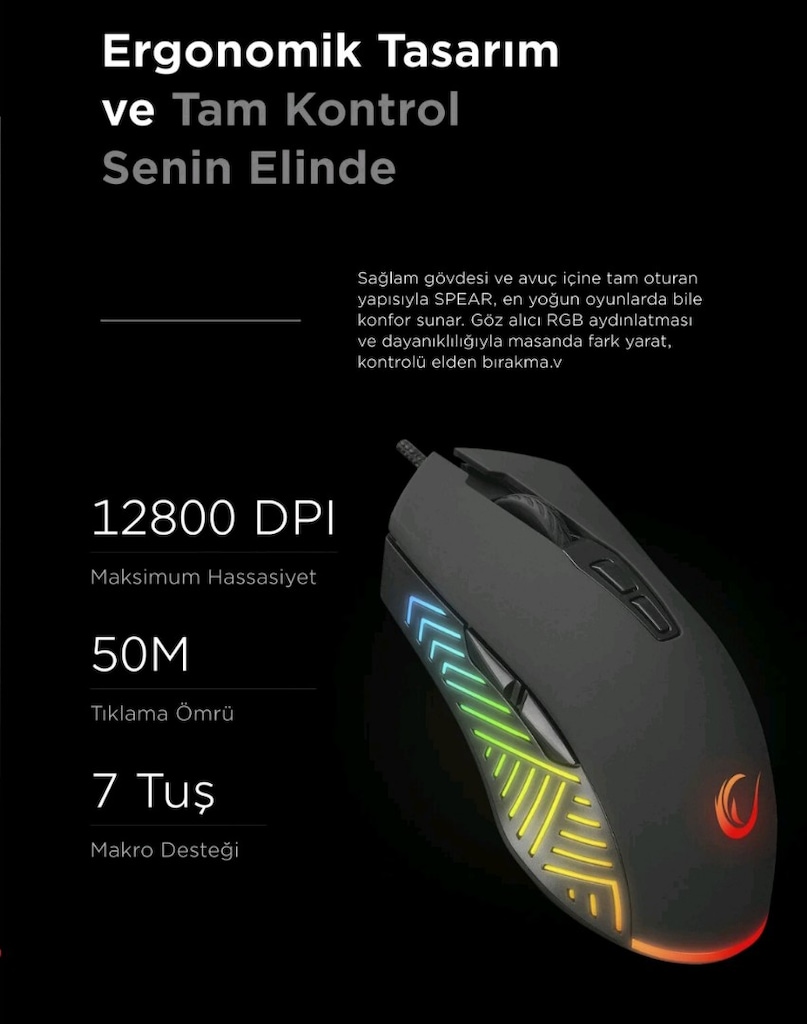 Rampage SMX-G68 SPEAR V2 FULL RGB 12800 DPI Siyah 7D Makrolu Mouse - 9