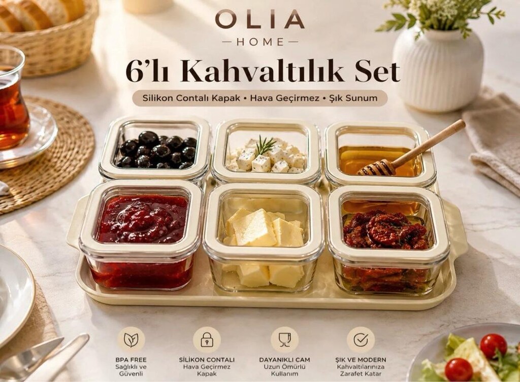 OLIAHOME 6'lı Akrilik Kahvaltılık Seti Silikon Contalı Kapaklı Tepsili - 5