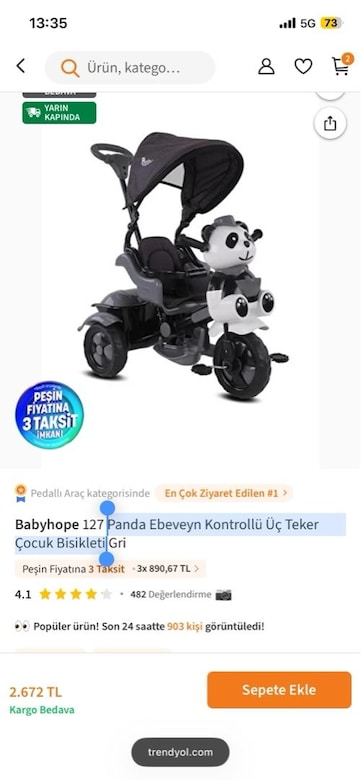 Panda Ebeveyn Kontrollü Üç Teker Çocuk Bisikleti - 3