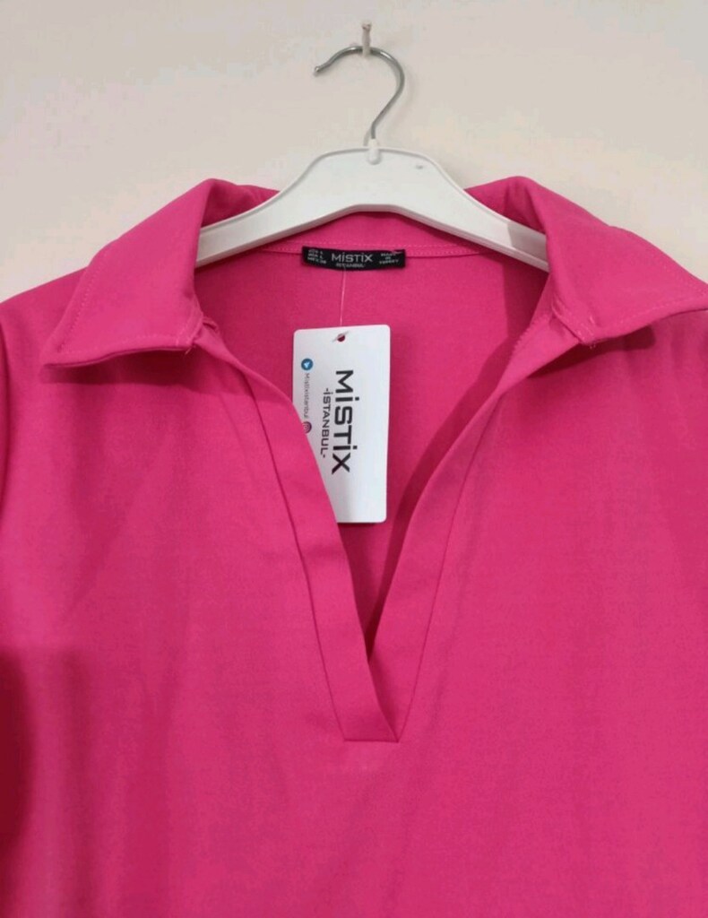 V Yakalı Fuşya Renk Kısa Crop Bluz - 3