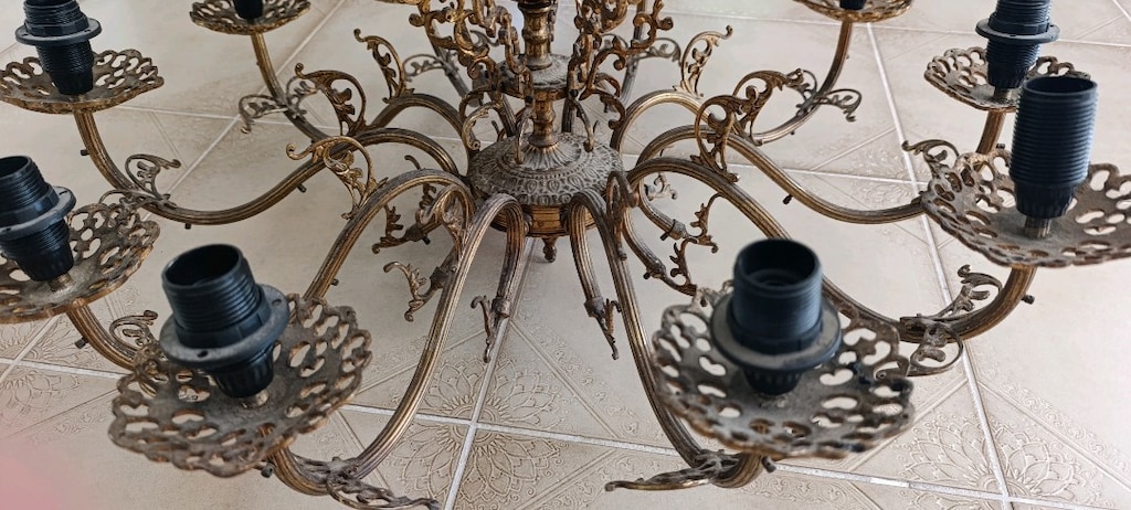 Antika vintage yalı veya büyük salon sarı pirinç 10 kollu avize - 2