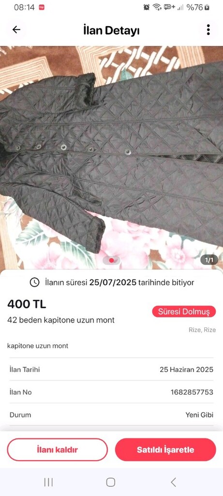 42 beden kapitone uzun mont