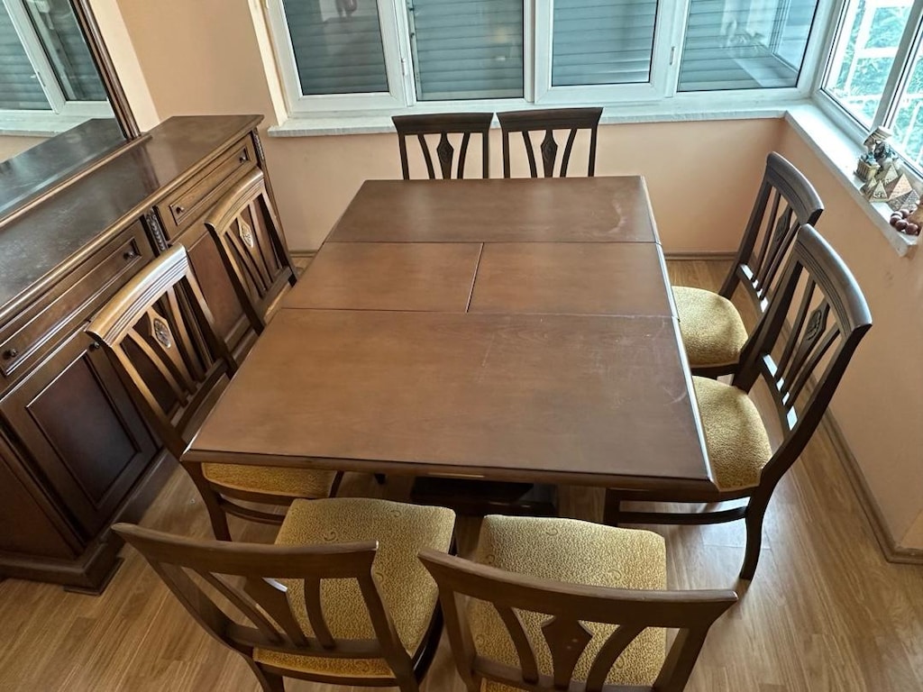Ahşap Klasik Yemek Odası Takımı Açılır Masa + 6 Sandalye+Aynalı Konsul - 9