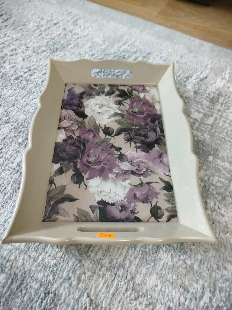 Çok Şık Mor Çiçek Desenli Epoksi Kaplama Sunum Tepsisi - 4