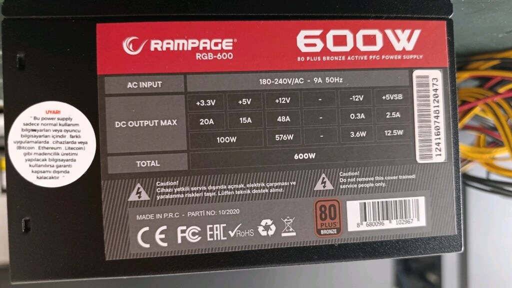Rampage RGB-600 600W 80 Plus Bronze 12 cm RGB Fanlı Güç Kaynağı - 5