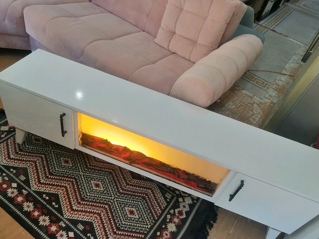 TV ünitesi şömineli çift kapaklı beyaz renk - 3